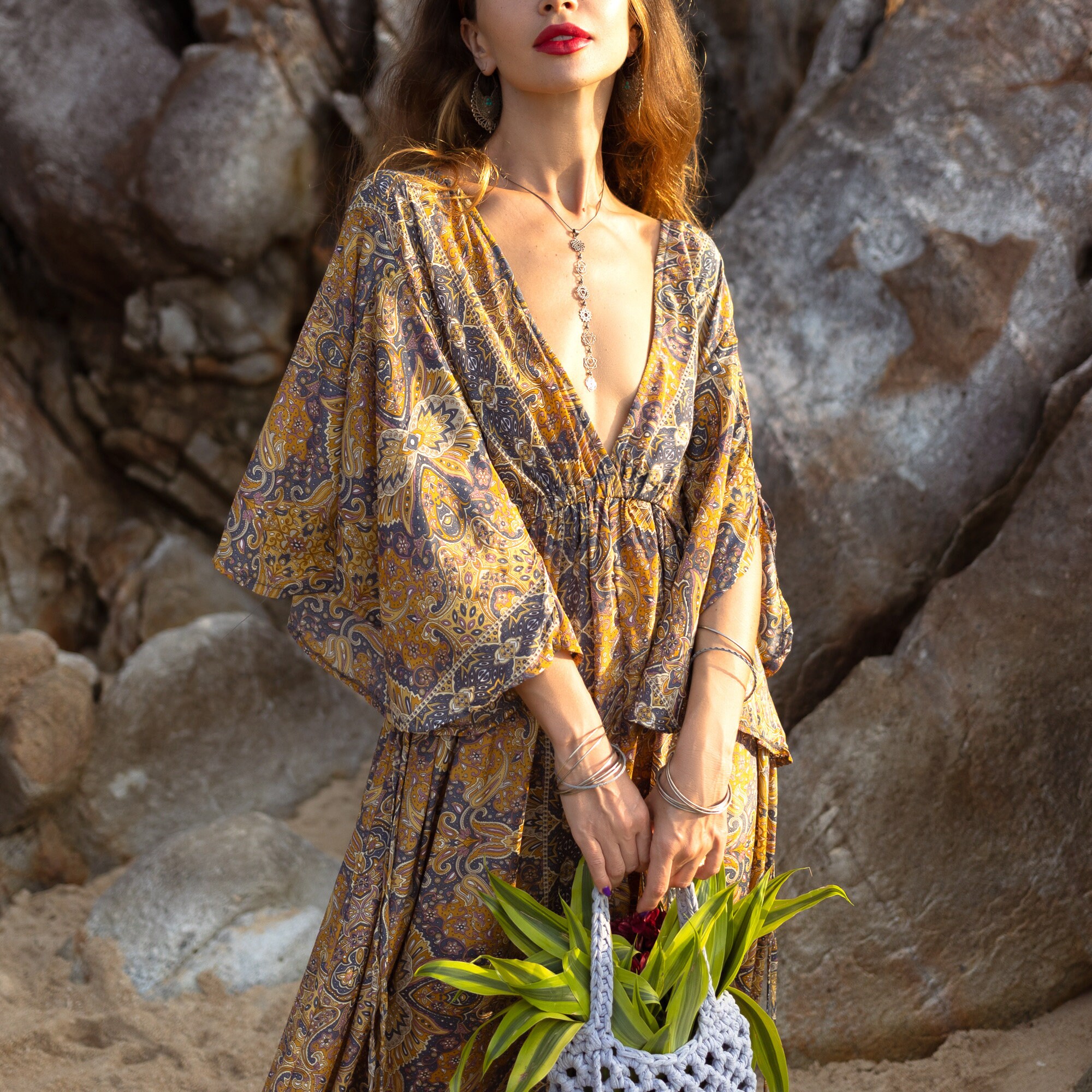 sienna boho dress Sienna Sage Boho Dress: Handmade Silk Blend Maxi with V-Neck