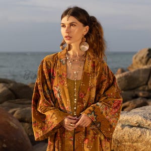 Velvet Kimono| Boho Robe|Luxurious Winter Coat|Velvet Long Jacket|Loose Fit Duster|Royal Drape in Gold by Bohemiansunrise|Holiday Gift