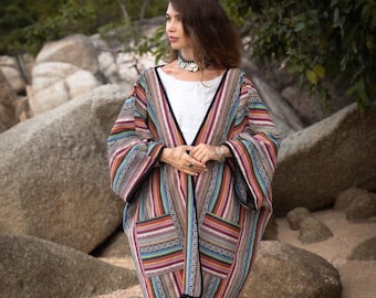 Poncho| Handwoven Jacket |Boho Kimono Robe| Colorful Festival Wrap|Loose Fit|Fashionable Poncho|Jacket Poncho|Bohemian Cover-Up|Short Duster