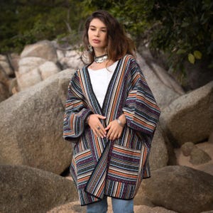 Open-Front Poncho Cape| Handmade Cotton Shawl Wrap| Winter Ruana Cardigan for Layering| Oversized Loose Fit Boho Jacket