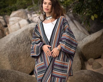Open-Front Poncho Cape | Handgefertigte Baumwolle Schal wickeln | Winter Ruana Cardigan für den Lagenlook| Übergroße Loose Fit Boho Jacke