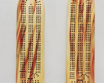 OOAK Flame Box Elder Cribbage Board: 3 Player Game with Pegs & Cards