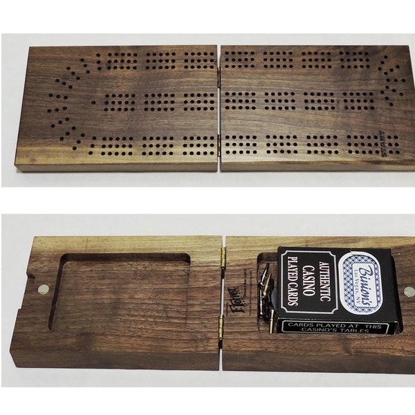 Folding Travel Cribbage Boards - Walnut Plain or Figured - 3 Player With Cards, Pegs, Storage Bag