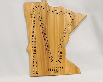 Beautiful Minnesota State Shaped Cribbage Board, Minnesota State Shape, 3 Player - Complete with pegs, cards, storage bag - 3PCB-MN1