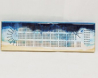 4 Player Cribbage - Maple with Ocean Beach Wave - Epoxy Resin - Metal or Wooden pegs - Storage Bag and Cards |4PCB-ER1