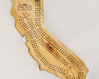 Beautiful California State Shaped Cribbage Board - 2 OR 3 player Handmade - With pegs, cards, storage bag | 3PCB-CA1