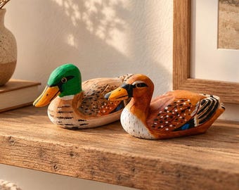 Lucky Duck Couple Figurine, Hand‑Carved Mallard Drake & Hen Wood Carving, His And Hers Anniversary Gift, Rustic Wedding Cake Topper