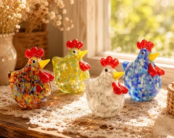 Conjunto de pollitos de vidrio soplado a mano de colores, adorno de animales de granja en miniatura, adorno brillante para estante de ventana, regalo único de decoración para el hogar en Pascua para la abuela.