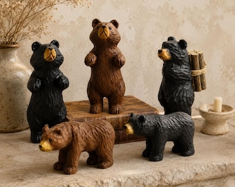 Custom Hand-Carved Wooden Bear Figurine, Hand Carved Style Wood Statue, Bear Statue Gifts for Her, Handcrafted Wooden Animal Figurines