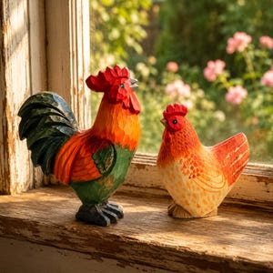 Gallo de madera tallado a mano, decoración rústica de animales de granja, escultura de animales de granja, decoración de cocina de granja, regalo para amantes de las gallinas