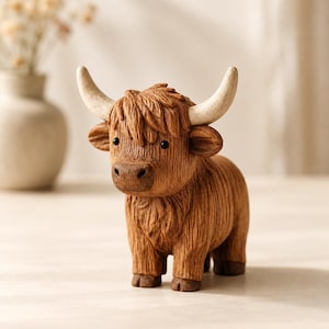 May include: A small, brown, textured figurine of a Highland cow with long, curved, cream-colored horns. The figure features a shaggy coat, a dark brown muzzle, and small black eyes, standing on four short legs with dark brown hooves.