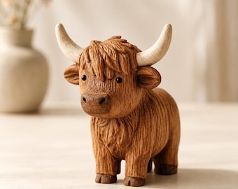 Figura de vaca de las Tierras Altas tallada a mano en madera, escultura rústica de animal de granja, decoración minimalista para estanterías y oficinas, regalo para amantes de las vacas.