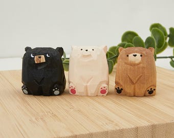 Hand carved mini wooden bear statue, tabletop decoration, bear animal lover, textured wood carving, birthday surprise gift