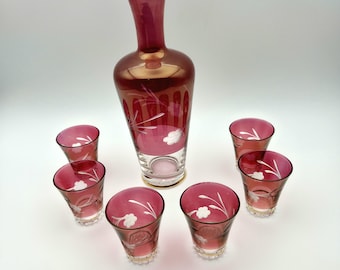 Etched Cranberry Decanter with Six Matching Spirit Glasses