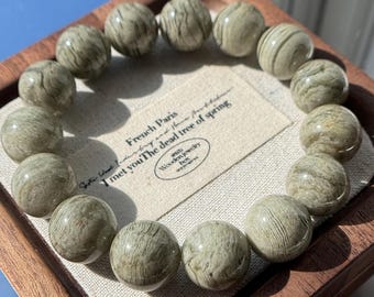 Bracciale con perline di quarzo fantasma verde naturale da 15 mm / Quarzo lodolite / Inclusioni fantasma stratificate