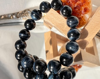 Bracciale con perline di occhio di tigre blu naturale da 14 mm / Gioielli da uomo / Pietra preziosa occhio di falco o di astore