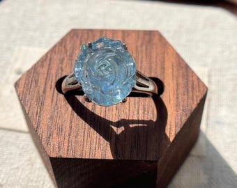 Devil’s Blue Aquamarine Rose-Shaped S925 Silver Adjustable Ring | Handcrafted Gemstone