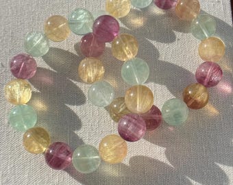 14mm Natural Rainbow Multicolor Fluorite Beaded Bracelet | Gemstone Jewelry