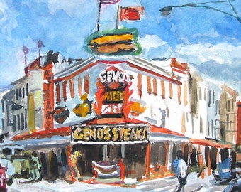 Original Philadelphia Painting, Geno's Philly CheeseSteaks, Framed Watercolor red white blue Fine Art Gwen Meyerson