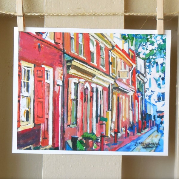 Philadelphia Painting. Old Town Elfreth's Alley, Living Room Decor. Colonial America Red Cityscape, Gwen Meyerson