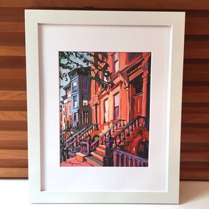 Park Slope Painting. Brooklyn Peach Brownstones, NYC Living Room Decor. Architectural New York Cityscape Gwen Meyerson 8x10 in white frame