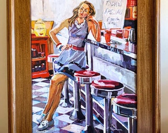 Retro Diner.  Vintage Diner with Waitress. Original Painting. Home Decor. American Girl.  Canvas painting Gwen Meyerson