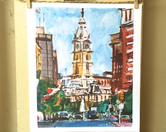 Philadelphia Watercolor Painting. City Hall, Philly cityscape. Center City Art Print. Gwen Meyerson