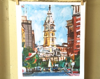 Philadelphia Watercolor Painting. City Hall, Philly cityscape. Center City Art Print. Gwen Meyerson