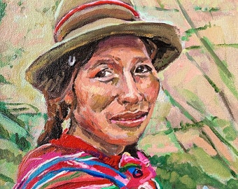 Peruvian Indigenous Woman In the Andes South America. Original Figurative Tribal Painting,  Gwen Meyerson