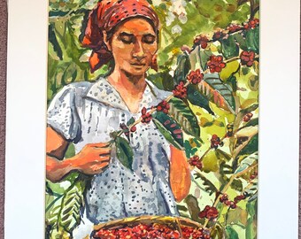 Colombian Woman Picking Coffee beans Original Watercolor, Colombia South America Gwen Meyerson
