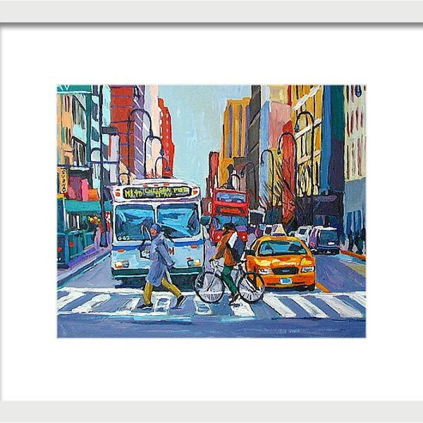 NYC Art Print. New York Wall Art. Colors on 14th Street,  Bus, Taxi Cityscape Buildings, NYC Painting. Gwen Meyerson
