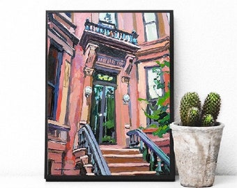 Brooklyn Painting, Brownstone Entrance, Peach Cityscape NYC Art Painting Gwen Meyerson