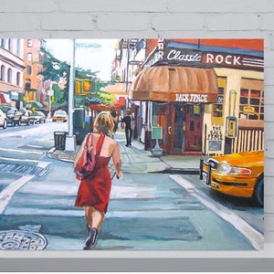 NYC Painting. New York Art Print. Living Room Decor. Red Dress On Bleecker Street, The Back Fence Painting by Gwen Meyerson image 1