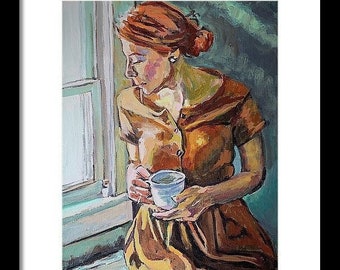Woman and Coffee Art. Coffee Culture. Interior Figurative Scene. Redhead Art Print. Framed Art. Gwen Meyerson
