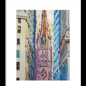 NYC Painting of Trinity Church, Wall Street, Lower Manhattan Art. Living Room Decor. Painting by Gwen Meyerson framed in black inches