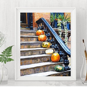 Brooklyn Painting, NYC Art Print. Pumpkins on Stoop, Autumn. Brownstone Art. Gwen Meyerson