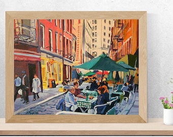 NYC Wall Art. Manhattan, Stone Street Cafe  Painting, Smorgas Cafe Wall Street Cityscape. Gwen Meyerson