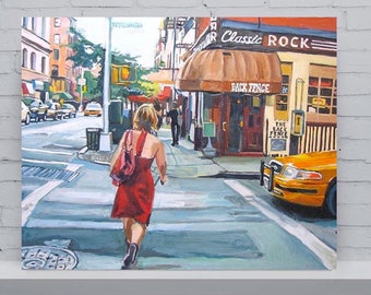 NYC Painting. New York Art Print. Living Room Decor. Red Dress On Bleecker Street, The Back Fence Painting by Gwen Meyerson