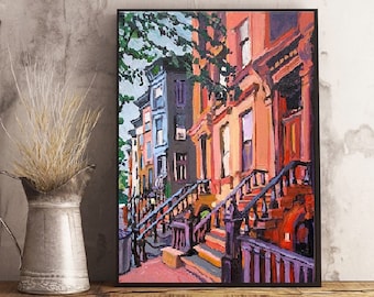 Brooklyn Architectural Painting of Peach Brownstone, Park Slope, Large Art Print,  New York Cityscape Living Room Decor. Gwen Meyerson