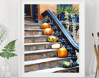 Brooklyn Painting, Pumpkins on Stoop, Autumn. Brownstone Art. Gwen Meyerson