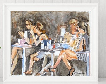 People in Cafe, Watercolor Painting 8x10 Print New York City Greenwich Village, by Gwen Meyerson