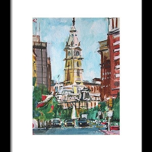 Philadelphia Watercolor Painting. City Hall, Home Decor. Living Room Decor. Philly cityscape. Center City Art Print. Gwen Meyerson framed 8x10 in black inches