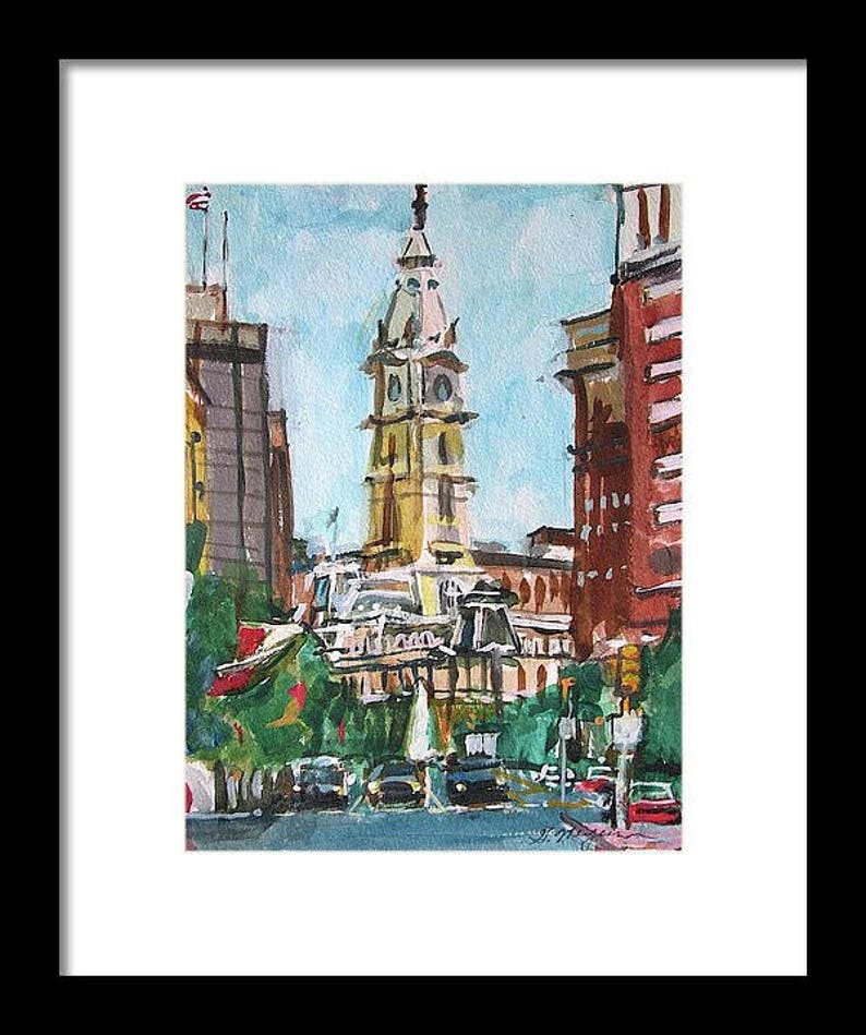 Philadelphia Watercolor Painting. City Hall, Home Decor. Living Room Decor. Philly cityscape. Center City Art Print. Gwen Meyerson framed 8x10 in black inches