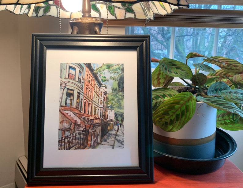 Brooklyn Brownstone watercolor. Park Slope Neighborhood. Prospect Heights Painting. Gwen Meyerson 5x7 in black frame inches
