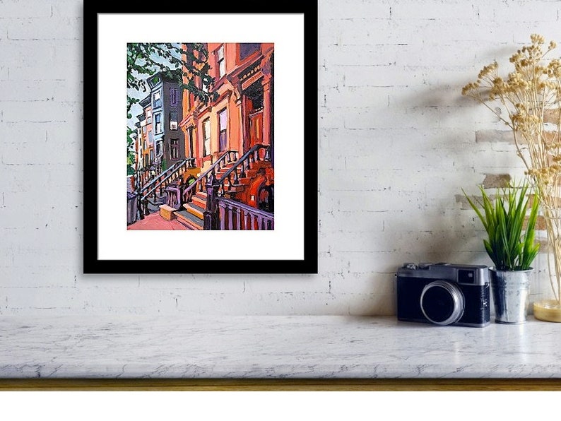 Park Slope Painting. Brooklyn Peach Brownstones, NYC Living Room Decor. Architectural New York Cityscape Gwen Meyerson image 8