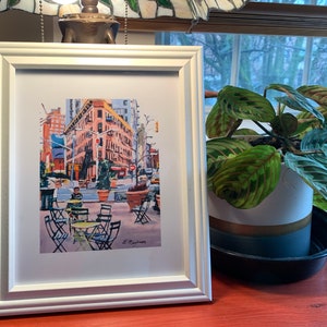 Meatpacking District Plaza, Chelsea Market New York NYC Art, Living Room Decor Art Print Cityscape. pink New York Painting Gwen Meyerson 5.5x7 in white frame