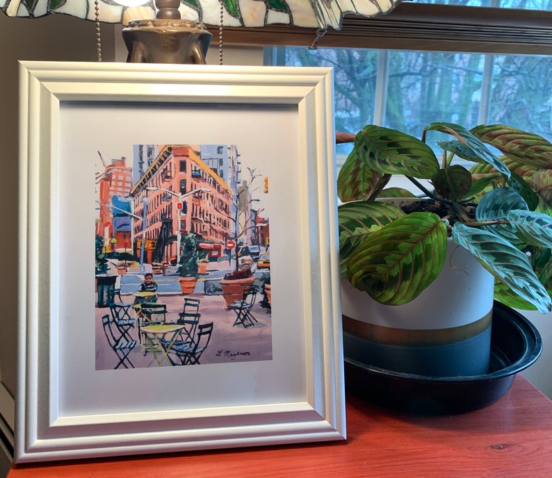 Meatpacking District Plaza, Chelsea Market New York NYC Art, Living Room Decor Art Print Cityscape. pink New York Painting Gwen Meyerson 5.5x7 in white frame