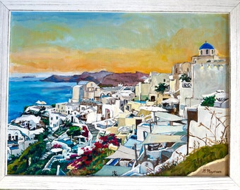 Santorini Oia Greece Original Acrylic Painting, 18x24 inch Canvas. Travel Art, Greek Islands "Oia Santorini At Dusk"  Gwen Meyerson
