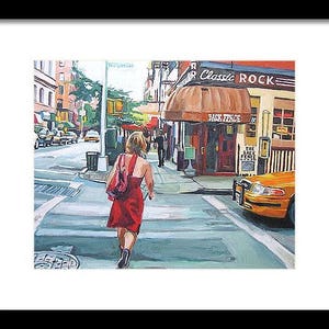 NYC Painting. New York Art Print. Living Room Decor. Red Dress On Bleecker Street, The Back Fence Painting by Gwen Meyerson 12x15 black frame inches