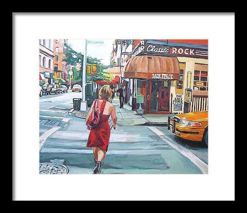 NYC Painting. New York Art Print. Living Room Decor. Red Dress On Bleecker Street, The Back Fence Painting by Gwen Meyerson 12x15 black frame inches